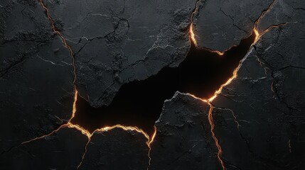 Poster - Intense Rupture in Smooth Black Wall with Glowing Edges Showcasing Intricate Texture