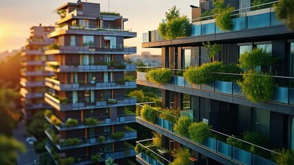 Poster - Sleek modern apartments showcase innovative architecture adorned with various plants and greenery. The warm glow of sunset enhances the inviting atmosphere in a bustling city.