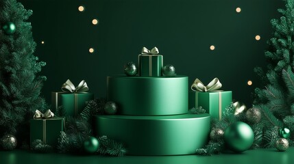 Wall Mural - Holiday Green Podium with Festive Decorations and Seasonal Accents