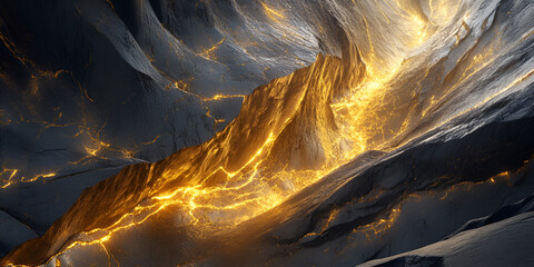 Poster - Golden Veins: A mesmerizing abstract landscape, where molten gold flows through the crevices of a majestic mountain range. The image evokes a sense of wonder and mystery.