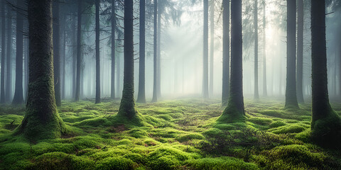 Sticker - Misty Forest Path: Sunlight streams through the mist of an ancient forest, illuminating a path carpeted in vibrant green moss. The scene evokes a sense of mystery, tranquility.