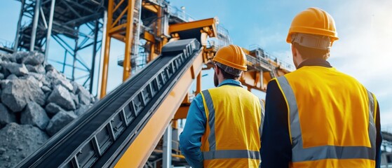 Poster - Supervisors inspecting a conveyor system carrying raw materials at a mining site