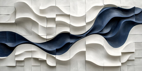 Poster - abstract wave sculpture: dark blue and white modern art. a mesmerizing abstract sculpture featuring 