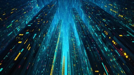 Poster - Futuristic Cityscape with Glowing Skyscrapers and Digital Elements Representing High-Tech Urban Environment and Modern Architecture Day or Night