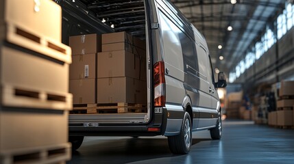 Canvas Print - A delivery van parked in a warehouse, with open doors revealing stacked cardboard boxes and wooden pallets inside.