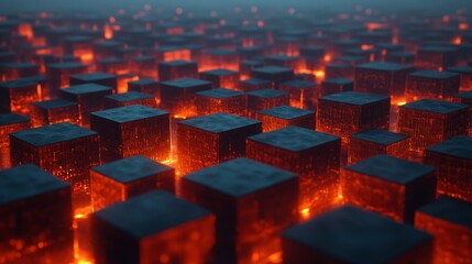 Poster - Abstract Render of Glowing Cubes in a Fiery Environment with an Atmospheric Perspective and Captivating Orange and Red Color Palette for Creative Projects