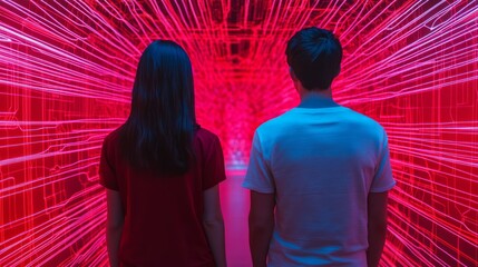Poster - Two Individuals Standing Together in a Dynamic, Bright Tunnel of Red Light, Representing Innovation, Technology, and Future Connections in a Modern Environment