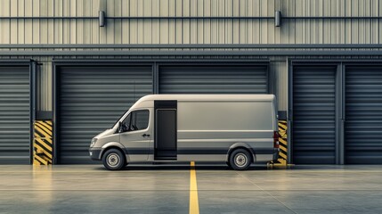 Canvas Print - A silver delivery van parked in front of industrial garage doors, emphasizing a modern, functional design and efficient logistics.