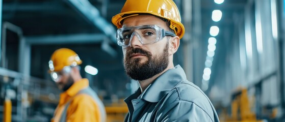 Poster - engineers standing near conveyor belts in a mining facility, monitoring the extraction process