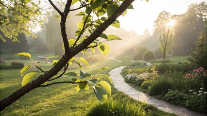Poster - A tree branch is in the foreground of a path in a park
