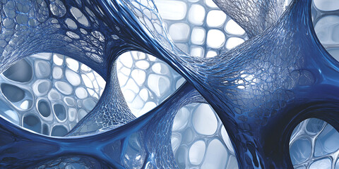 Poster - Abstract Blue Network: A mesmerizing, digitally-rendered abstract network of intricate blue and white shapes, creating a sense of depth, interconnectedness, and boundless possibility.