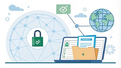 Poster - A laptop with a green lock on it and a file folder with a green check mark