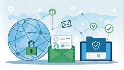 Poster - A computer screen shows a laptop, a green envelope, and a blue file
