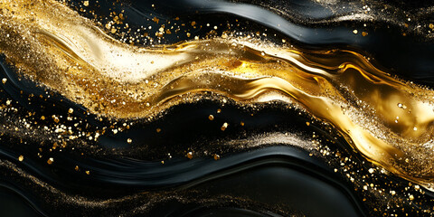 Poster - Liquid Gold Abstract:  A mesmerizing swirl of liquid gold and black, glittering with fine particles, creates a luxurious and elegant abstract background.