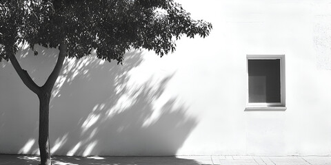 Poster - Monochrome Serenity: A solitary tree casts dappled shadows on a stark white wall, a small window offering a glimpse of mystery.  A minimalist black and white image evoking peace and contemplation. 