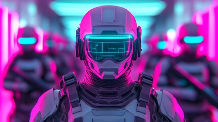 Poster - Futuristic Soldiers in Neon-Lit Corridor, Exploring Themes of Technology, Humanity, and Cybernetics in a Dynamic Sci-Fi Environment