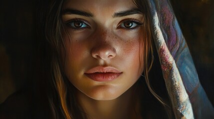 Wall Mural - A Close-Up Portrait of a Young Woman with Freckles