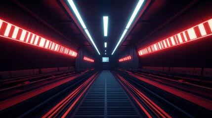Poster - Futuristic Sci-Fi Tunnel with Neon Lights and Dark Background Creating an Immersive and Otherworldly Atmosphere in a High-Tech Environment