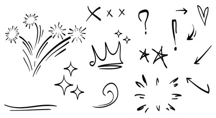 Poster - Hand drawn of doodle emphasis design element. Fireworks, arrow, heart, love, crown, star and more element. use for concept design. vector illustration