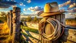 © nick - Wild West Ranch Life: Cow Hat & Lasso on Fence - Rustic Western Frontier Stock Photo