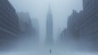 © AFFANYUDA - Foggy city street with skyscraper and lone walker.
