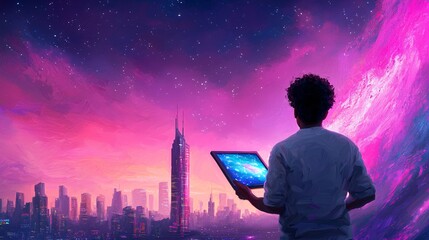 Poster - exploring digital creativity artist in futuristic cityscape digital art urban environment wide angle