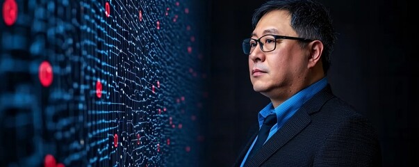 Poster - Business professional analyzing digital data trends modern office portrait futuristic thoughtful concept