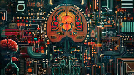 Poster - digital brain with circuit and ai cocept. 3d rendering.