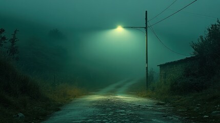 Wall Mural - Foggy road at night, lit by a single lamppost.