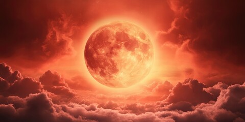 Wall Mural - glowing red moon in the sky with clouds in red color hue