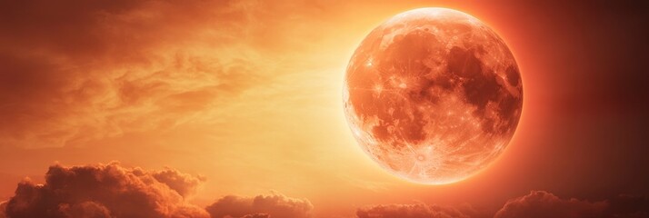 Wall Mural - glowing red moon in the sky with clouds in red color hue