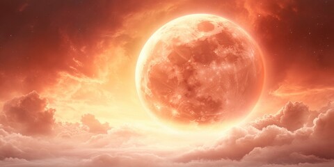 Wall Mural - glowing red moon in the sky with clouds in red color hue