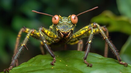 Wall Mural - Close-Up Portrait of a Spiky Green and Yellow Insect