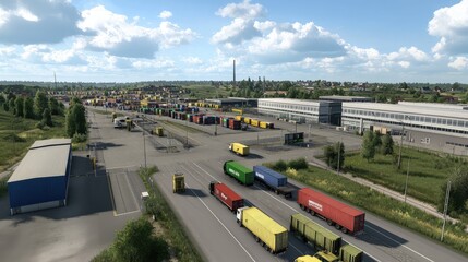 Poster - Busy Freight Terminal with Colorful Cargo Containers and Trucks