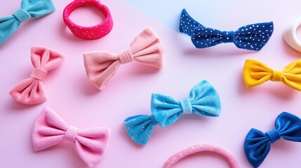Poster - Colorful Hair Accessories with Bows on a Pink Background