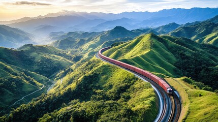 Poster - scenic train journey through lush green mountains at sunrise