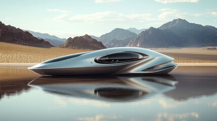 Poster - futuristic sleek vehicle on calm water by mountain landscape