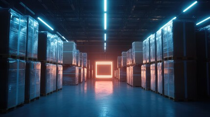 Poster - Futuristic Warehouse Interior with Neon Lighting and Pallet Stacks