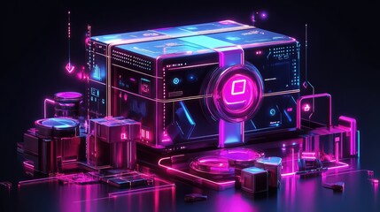 Poster - Futuristic Neon Box with Bright Displays and Digital Interfaces