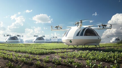 Poster - futuristic drones in agricultural landscape for sustainable farming