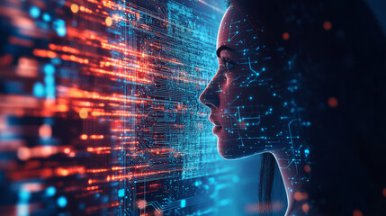 Poster - Advanced Technology Concept Visualization: Circuit Board CPU Processor Microchip Starting Artificial Intelligence Digitalization of Neural Networking and Cloud Computing. Digital Lines Move Data