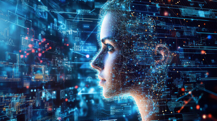 Poster - Advanced Technology Concept Visualization: Circuit Board CPU Processor Microchip Starting Artificial Intelligence Digitalization of Neural Networking and Cloud Computing. Digital Lines Move Data