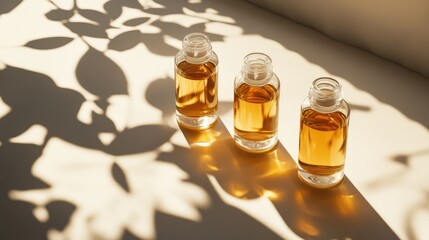 Poster - Glass Bottles of Essential Oil with Leaf Shadows on Surface