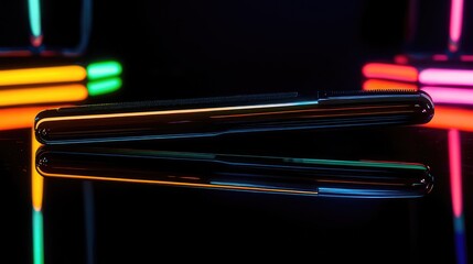 Poster - Sleek Modern Device with Vibrant Neon Lights Reflecting Surface