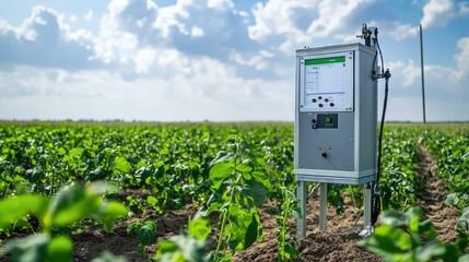 Wall Mural - Modern Agricultural Sensor in Green Crop Field Under Bright Sky