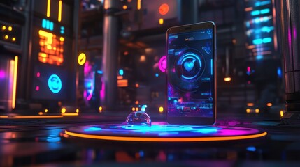 Poster - Futuristic Smartphone Displaying Neon Graphics in High-Tech Environment