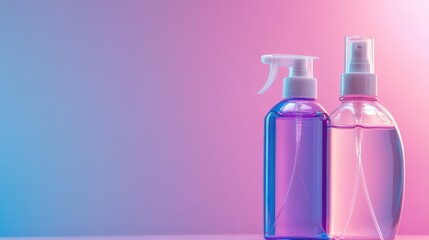 Poster - Colorful Bottles of Liquid Products on Gradient Pink and Blue Background
