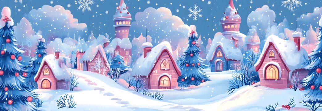Winter city scene, Christmas card, New Year background, vector cute fairy tale house with snow. Pattern Christmas Winter Landscape Design Postal Cart，banner
