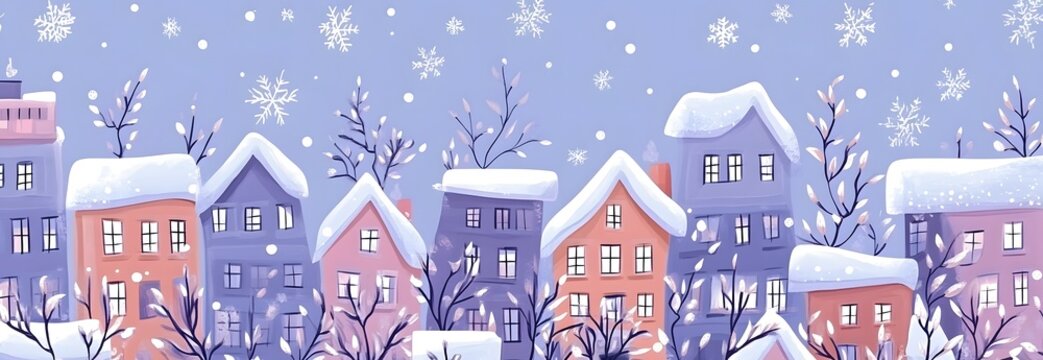 Winter city scene, Christmas card, New Year background, vector cute fairy tale house with snow. Pattern Christmas Winter Landscape Design Postal Cart，banner