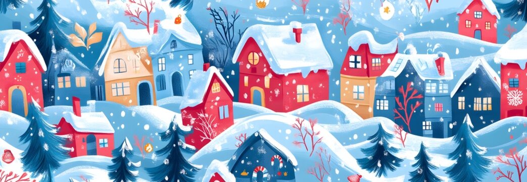 Winter city scene, Christmas card, New Year background, vector cute fairy tale house with snow. Pattern Christmas Winter Landscape Design Postal Cart，banner